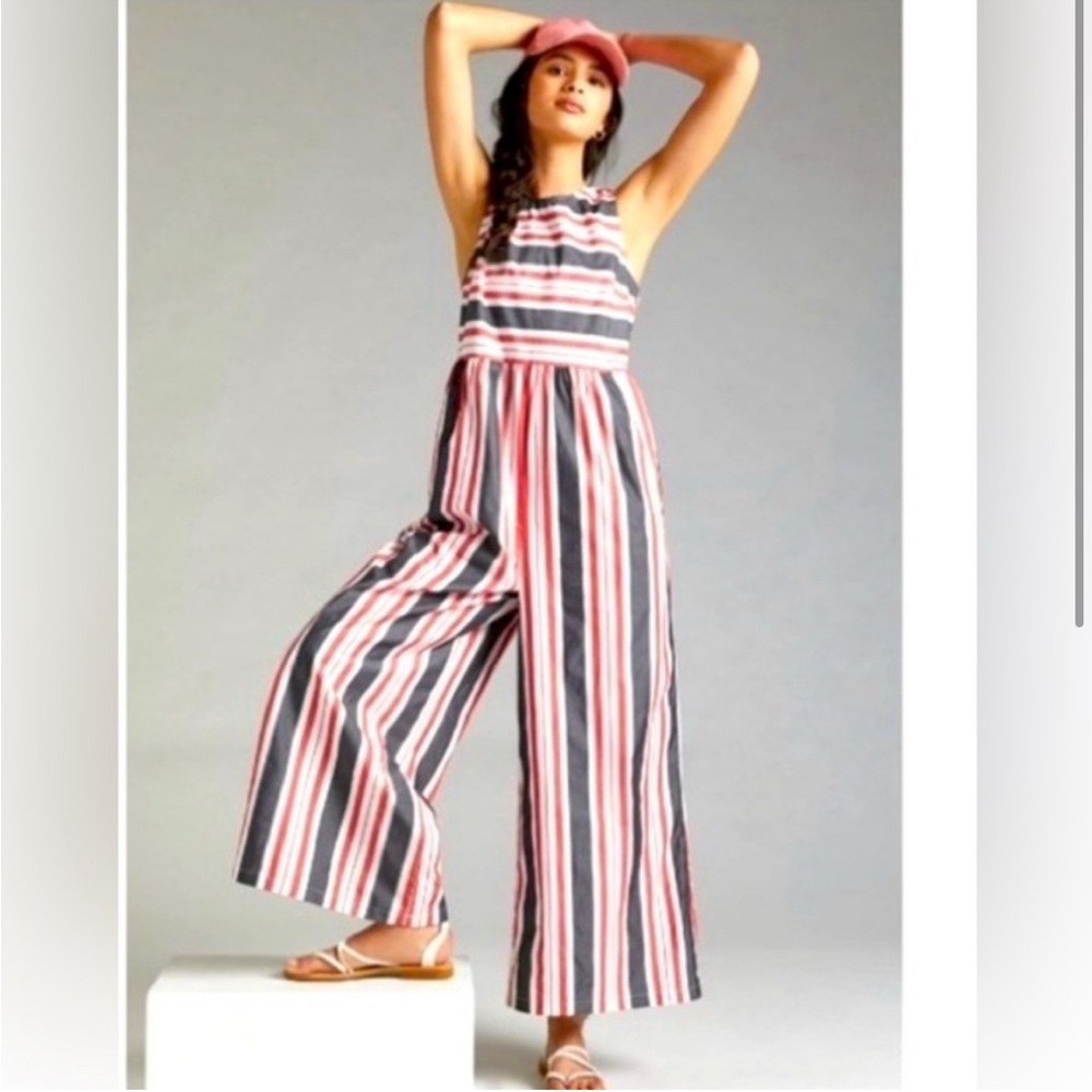 Only worn once! ANTHROPOLOGIE Maeve Striped Wide Leg Jumpsuit - Picture 2 of 3